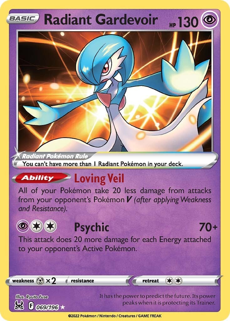 pokemon card 069 196 Trading Game Pokmon Radiant Gardevoir Holo Card Psychic Ability Loving Veil All of your Pokmon take 20 less damage from attacks from your opponents Pokmon V (after applying Weakness and Resistance) Pokemon TCG Gardevoir Shiny 069